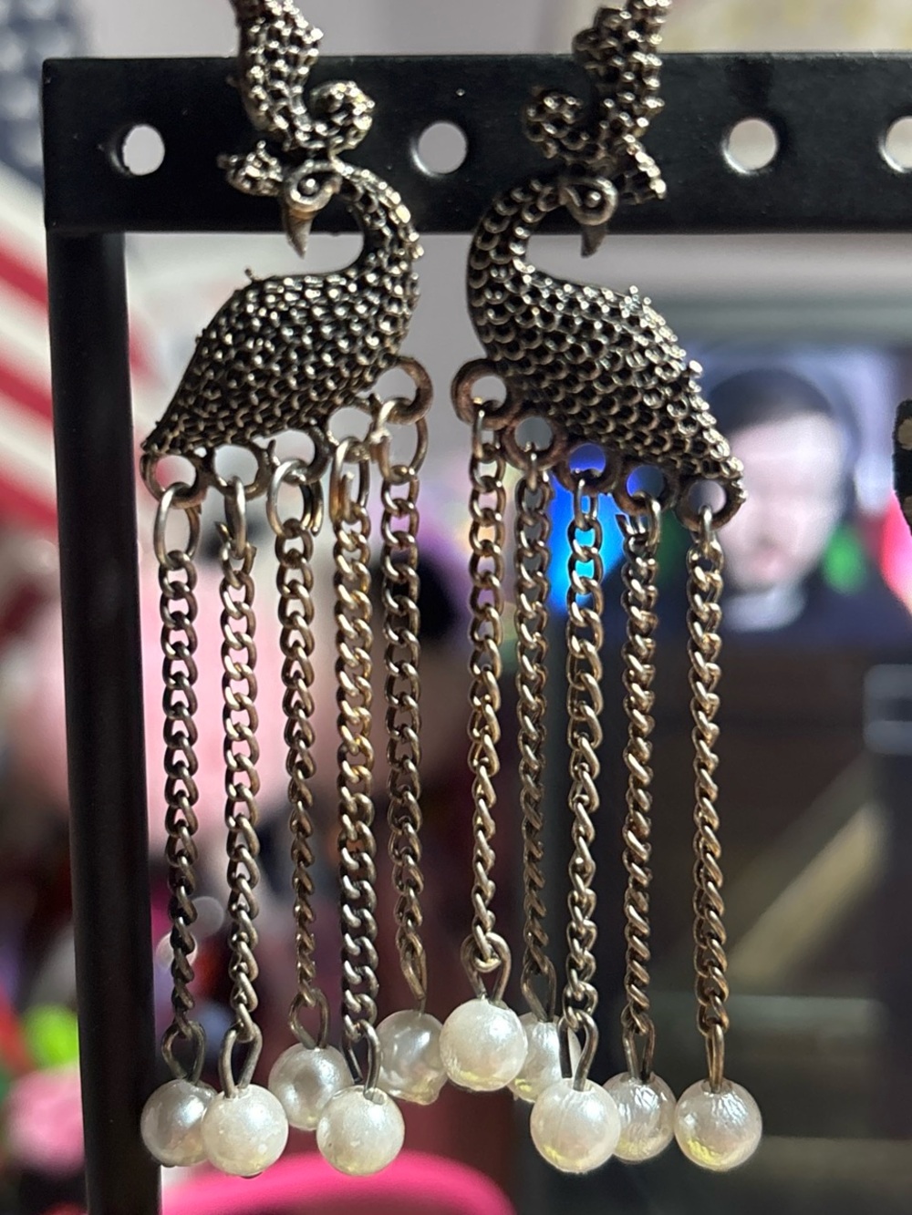 Peacock Dangle Chain Earrings with Pearl Drops